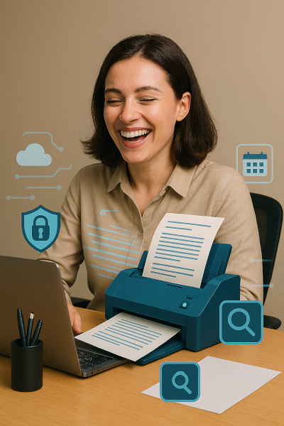 Sekretärin arbeitet mit Scanner und Computer.